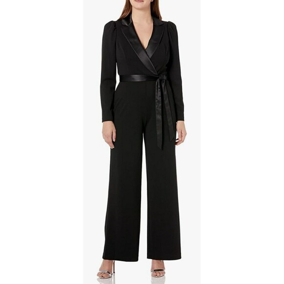NWT Adrianna Papell Long Sleeve Crepe Tuxedo Collar Black Jumpsuit Size 4 - Picture 1 of 14